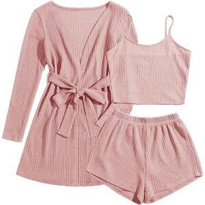 Women's 3 Piece Waffle Knit Lounge Set - Tank Top, Shorts & Cardigan